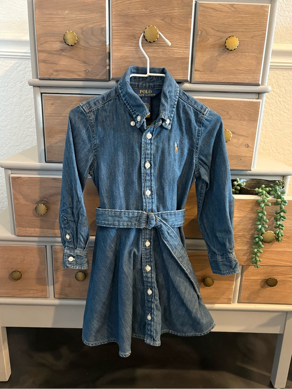 Polo Ralph Lauren Toddler Girl Denim Belted Dress Preppy Button Up Pony Logo 3T